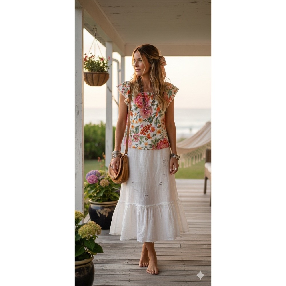 Rachel Zoe Floral Linen Blend Ruffle Sleeve Top‎ XS Boho Crochet Trim Cottage